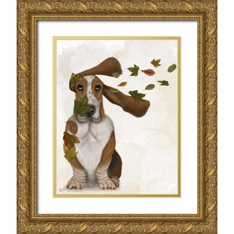Basset Hound Windswept and Interesting Gold Ornate Wood Framed Art Print with Double Matting by Fab Funky