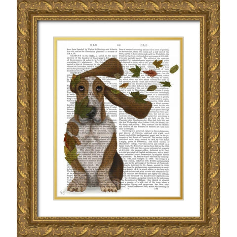 Basset Hound Windswept and Interesting Gold Ornate Wood Framed Art Print with Double Matting by Fab Funky