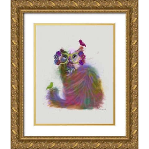 Cat Rainbow Splash 9 Gold Ornate Wood Framed Art Print with Double Matting by Fab Funky