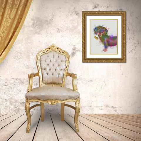 Dachshund And Glasses Rainbow Splash Gold Ornate Wood Framed Art Print with Double Matting by Fab Funky
