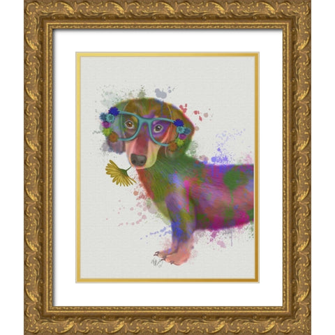 Dachshund And Glasses Rainbow Splash Gold Ornate Wood Framed Art Print with Double Matting by Fab Funky