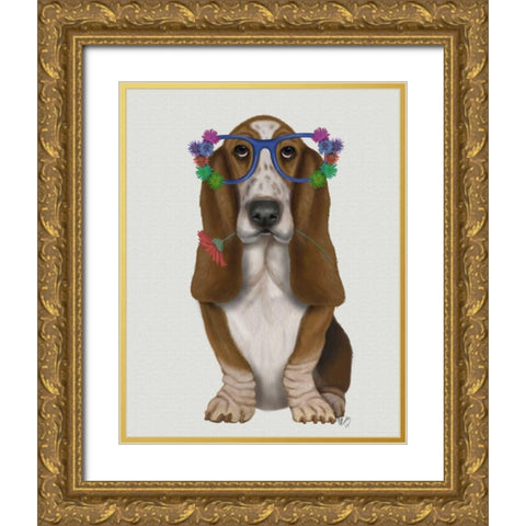 Basset Hound Flower Glasses Gold Ornate Wood Framed Art Print with Double Matting by Fab Funky