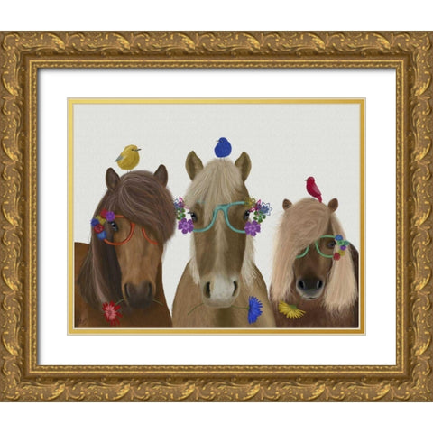 Horse Trio with Flower Glasses Gold Ornate Wood Framed Art Print with Double Matting by Fab Funky