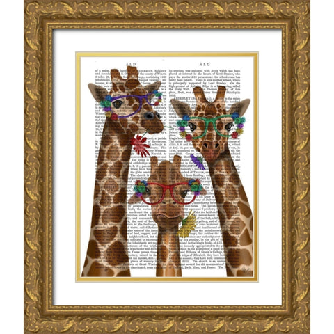 Giraffe and Flower Glasses, Trio Gold Ornate Wood Framed Art Print with Double Matting by Fab Funky