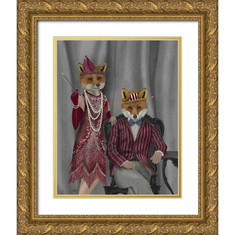 Fox Couple 1920s Gold Ornate Wood Framed Art Print with Double Matting by Fab Funky