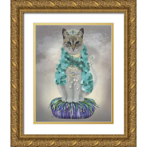Grey Cat With Bells, Full Gold Ornate Wood Framed Art Print with Double Matting by Fab Funky