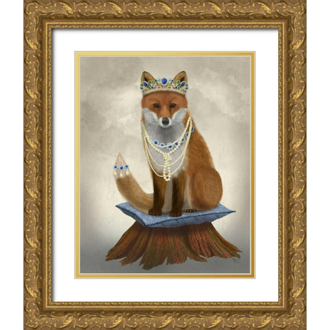Fox with Tiara, Full Gold Ornate Wood Framed Art Print with Double Matting by Fab Funky