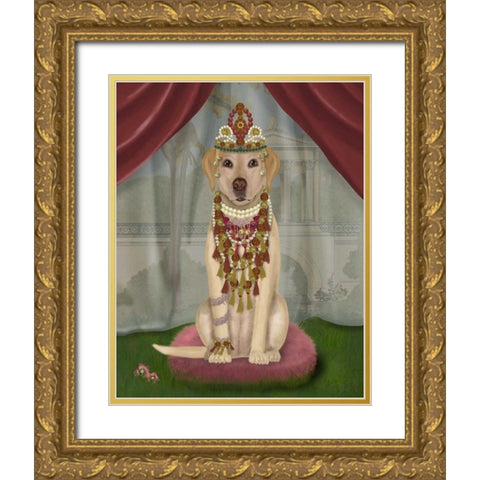 Yellow Labrador and Tiara, Full Gold Ornate Wood Framed Art Print with Double Matting by Fab Funky