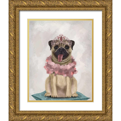Pug Princess On Cushion Gold Ornate Wood Framed Art Print with Double Matting by Fab Funky