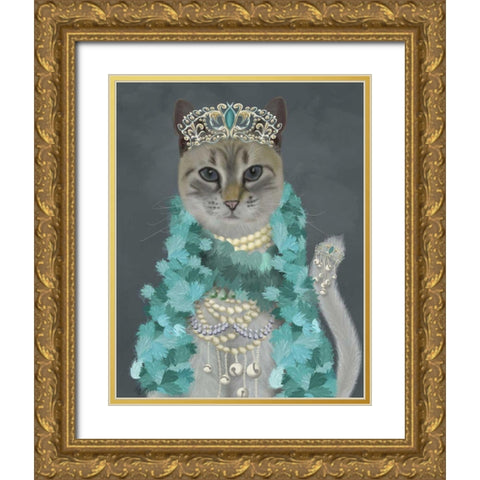 Grey Cat With Bells, Portrait Gold Ornate Wood Framed Art Print with Double Matting by Fab Funky
