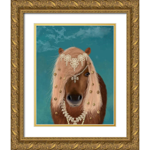 Horse Brown Pony with Bells, Portrait Gold Ornate Wood Framed Art Print with Double Matting by Fab Funky