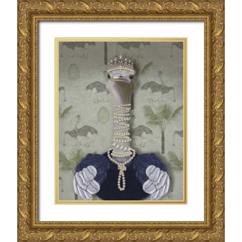 Ostrich and Pearls, Portrait Gold Ornate Wood Framed Art Print with Double Matting by Fab Funky