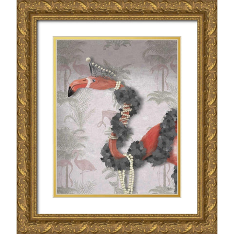 Flamingo and Pearls, Portrait Gold Ornate Wood Framed Art Print with Double Matting by Fab Funky