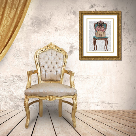 Pug Princess on Chair Gold Ornate Wood Framed Art Print with Double Matting by Fab Funky