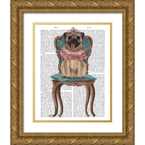 Pug Princess on Chair Gold Ornate Wood Framed Art Print with Double Matting by Fab Funky