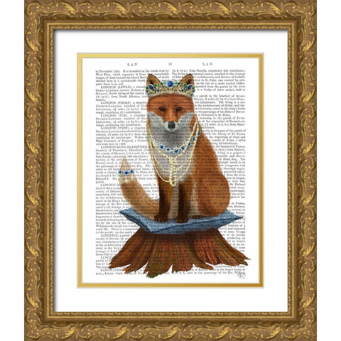 Fox with Tiara, Full Gold Ornate Wood Framed Art Print with Double Matting by Fab Funky