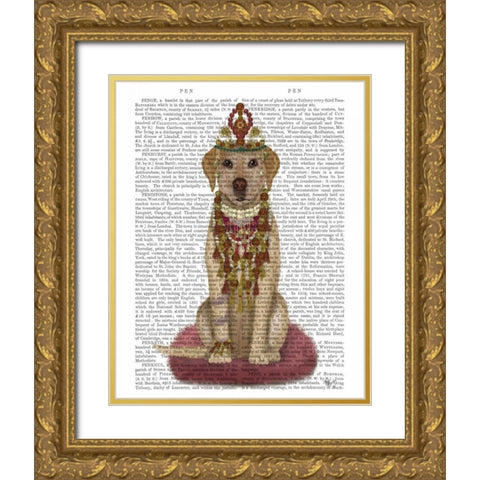 Yellow Labrador and Tiara, Full Gold Ornate Wood Framed Art Print with Double Matting by Fab Funky