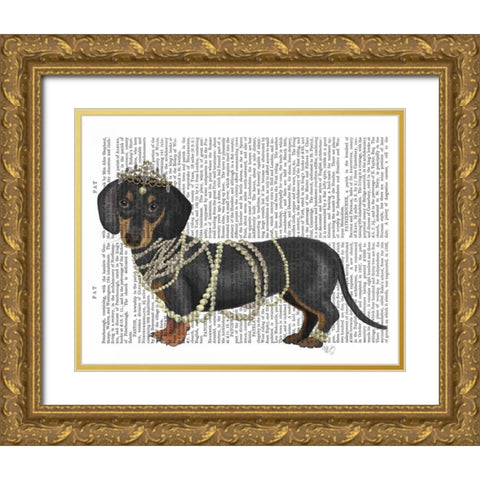 Dachshund and Pearls Gold Ornate Wood Framed Art Print with Double Matting by Fab Funky