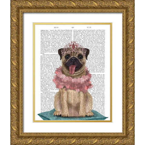 Pug Princess On Cushion Gold Ornate Wood Framed Art Print with Double Matting by Fab Funky