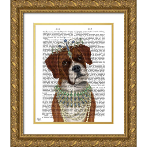 Boxer and Tiara, Portrait Gold Ornate Wood Framed Art Print with Double Matting by Fab Funky