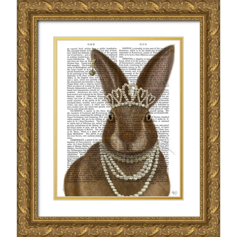 Rabbit and Pearls, Portrait Gold Ornate Wood Framed Art Print with Double Matting by Fab Funky