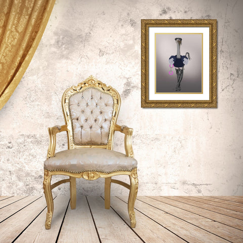 Ostrich with Kinky Boots Gold Ornate Wood Framed Art Print with Double Matting by Fab Funky