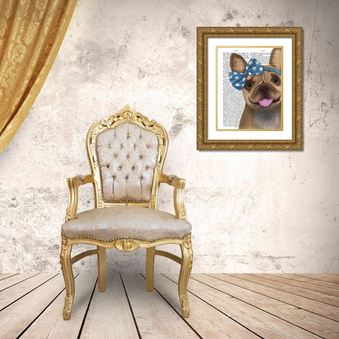 French Bulldog and Blue Bow Gold Ornate Wood Framed Art Print with Double Matting by Fab Funky