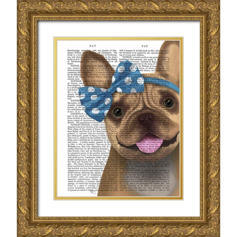 French Bulldog and Blue Bow Gold Ornate Wood Framed Art Print with Double Matting by Fab Funky