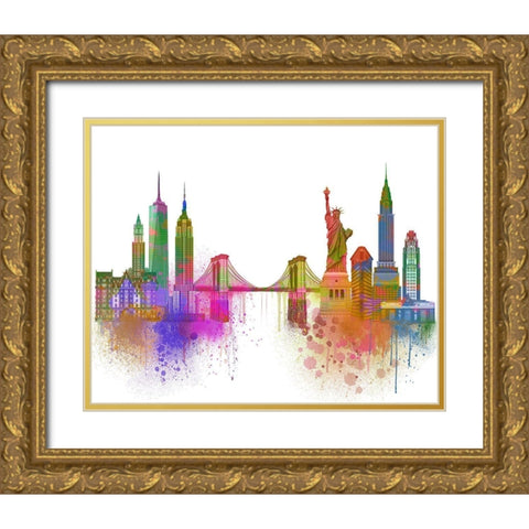 New York Skyline Rainbow Bright  Gold Ornate Wood Framed Art Print with Double Matting by Fab Funky