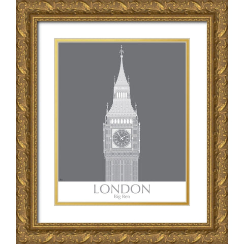 London Big Ben MonoChrome Gold Ornate Wood Framed Art Print with Double Matting by Fab Funky