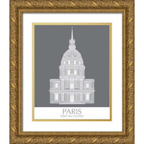 Paris Les Invalides Monochrome Gold Ornate Wood Framed Art Print with Double Matting by Fab Funky