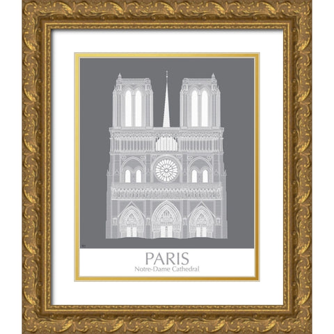 Paris Notre Dame Monochrome Gold Ornate Wood Framed Art Print with Double Matting by Fab Funky