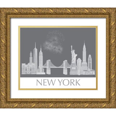 New York Skyline Monochrome Gold Ornate Wood Framed Art Print with Double Matting by Fab Funky