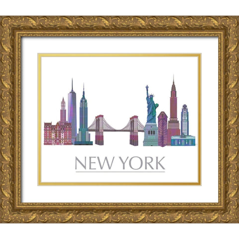 New York Skyline Coloured Buildings Gold Ornate Wood Framed Art Print with Double Matting by Fab Funky