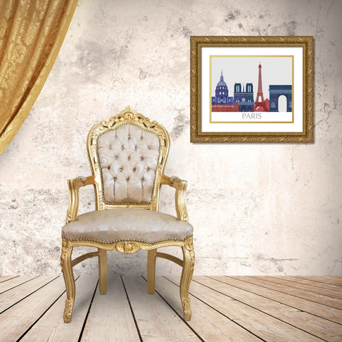 Paris Landmarks , Red Blue Gold Ornate Wood Framed Art Print with Double Matting by Fab Funky