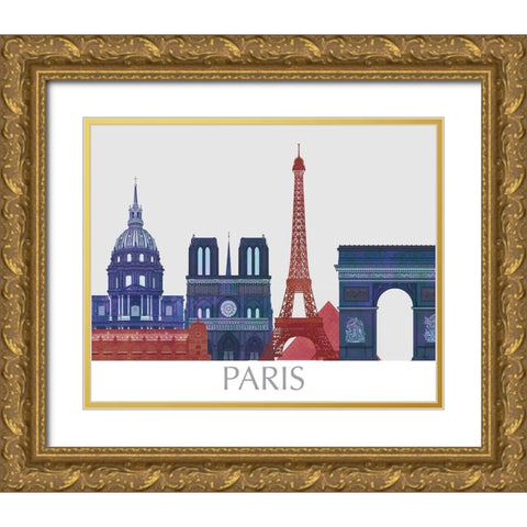 Paris Landmarks , Red Blue Gold Ornate Wood Framed Art Print with Double Matting by Fab Funky