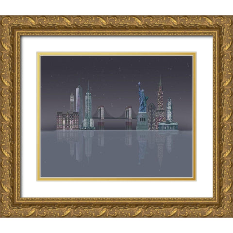 New York Skyline Night Reflections Gold Ornate Wood Framed Art Print with Double Matting by Fab Funky