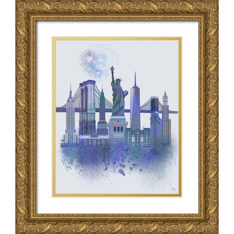 New York Skyline Watercolour Splash Blue Gold Ornate Wood Framed Art Print with Double Matting by Fab Funky