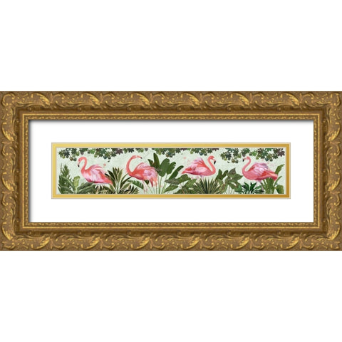 Fluffy Flamingos Gold Ornate Wood Framed Art Print with Double Matting by Fab Funky
