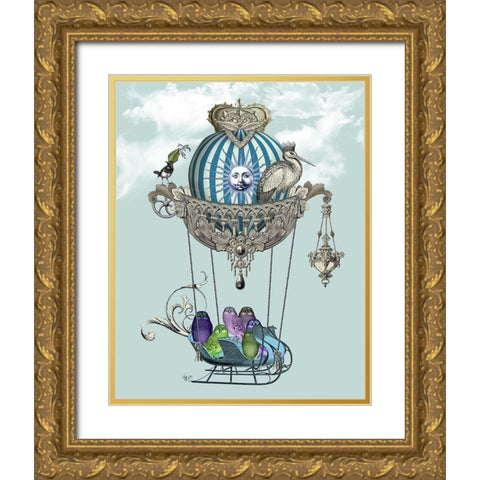 Owls in Sled Balloon Gold Ornate Wood Framed Art Print with Double Matting by Fab Funky