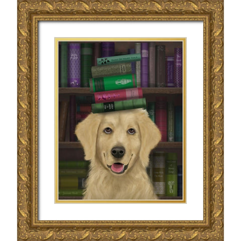 Golden Retriever and Books Gold Ornate Wood Framed Art Print with Double Matting by Fab Funky