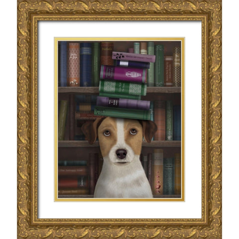 Jack Russell and Books Gold Ornate Wood Framed Art Print with Double Matting by Fab Funky