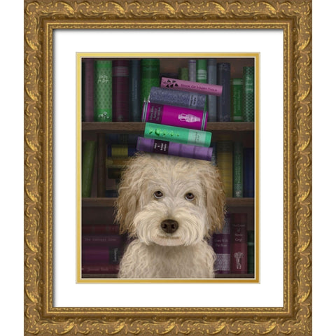 Labradoodle, Cream, and Books Gold Ornate Wood Framed Art Print with Double Matting by Fab Funky