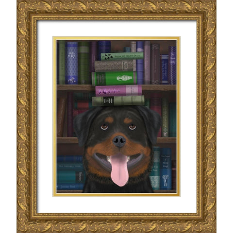 Rottweiller and Books Gold Ornate Wood Framed Art Print with Double Matting by Fab Funky