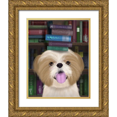 Shih Tsu and Books Gold Ornate Wood Framed Art Print with Double Matting by Fab Funky