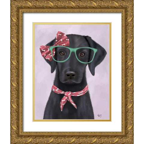 Black Labrador with Glasses and Scarf Gold Ornate Wood Framed Art Print with Double Matting by Fab Funky