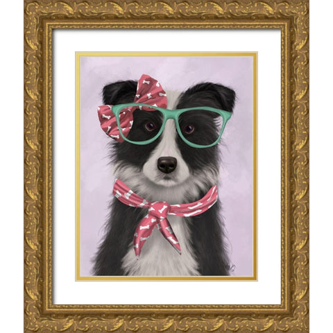 Border Collie, Black and White, with Glasses and Scarf Gold Ornate Wood Framed Art Print with Double Matting by Fab Funky