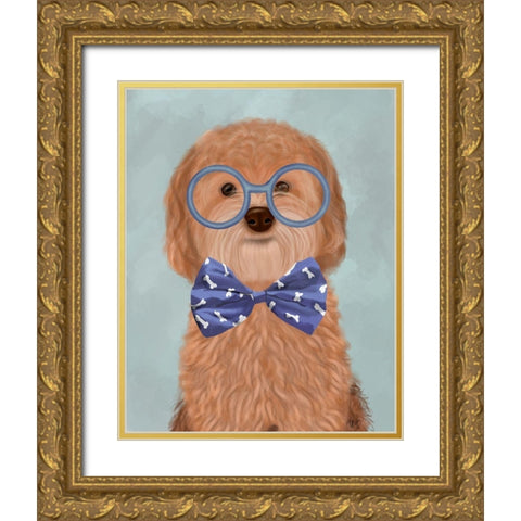 Cockerpoo, Apricot, with Glasses and Bow Tie Gold Ornate Wood Framed Art Print with Double Matting by Fab Funky