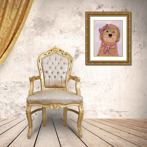 Cockerpoo, Apricot, with Glasses and Scarf Gold Ornate Wood Framed Art Print with Double Matting by Fab Funky