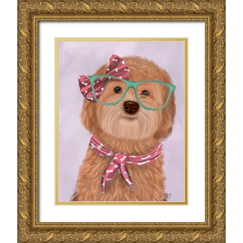 Cockerpoo, Apricot, with Glasses and Scarf Gold Ornate Wood Framed Art Print with Double Matting by Fab Funky